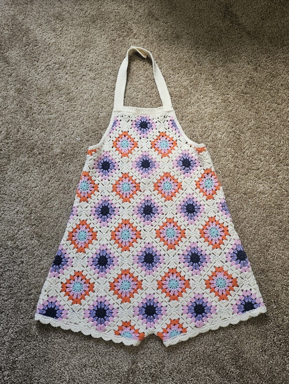 Zara Crochet Kids Romper in Cream with Orange, Purple, Pink & Light Blue
